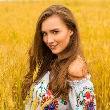 Altın buğday alan arka plan üzerinde genç kadın