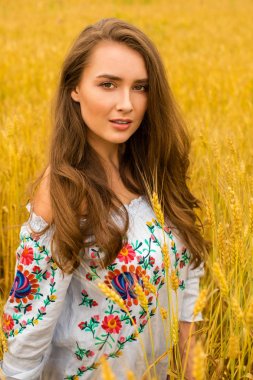 Altın buğday alan arka plan üzerinde genç kadın
