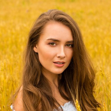 Altın buğday alan arka plan üzerinde genç kadın