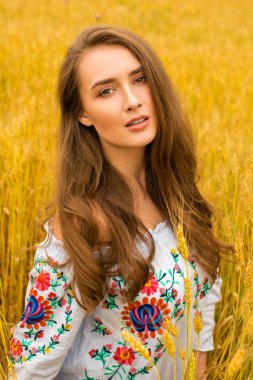 Altın buğday alan arka plan üzerinde genç kadın