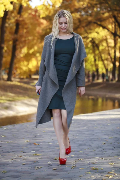 Retrato de una joven hermosa mujer en abrigo gris — Foto de Stock