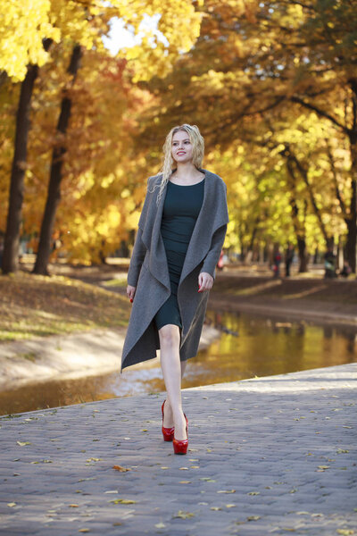 Портрет молодой красивой женщины в сером пальто
 