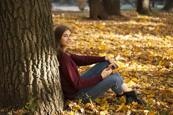 Young woman in a sweater and blue jeans sits in an autumn park — Stock Photo, Image