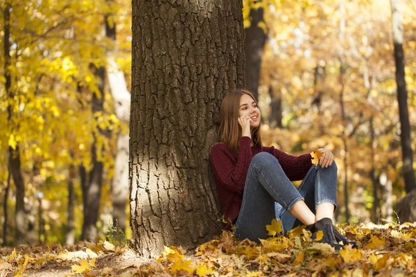 Mujer joven en un suéter y vaqueros azules se sienta en un parque de otoño — Foto de Stock