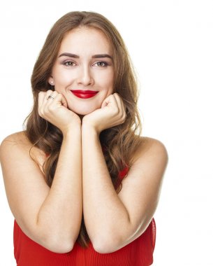 Kırmızı bir bluz bir genç güzel kadın portresi 