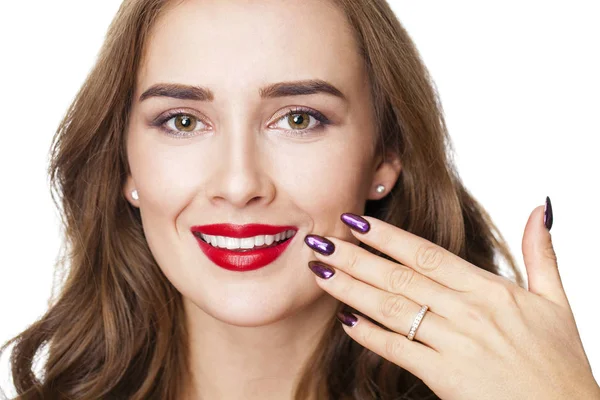 Portrait close up of young beautiful brunette woman — Stock Photo, Image