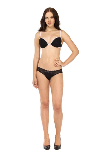 Retrato completo de senhora sexy em lingerie preta, isolado em branco — Fotografia de Stock