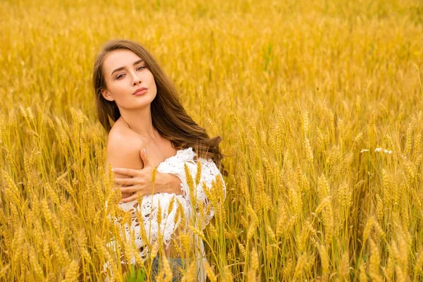 Porträtt av en ung flicka på en bakgrund av gyllene vetefält — Stockfoto