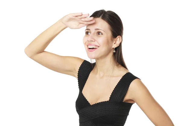 Portrait of beautiful brunette woman looking far, holding her ar — Stock Photo, Image