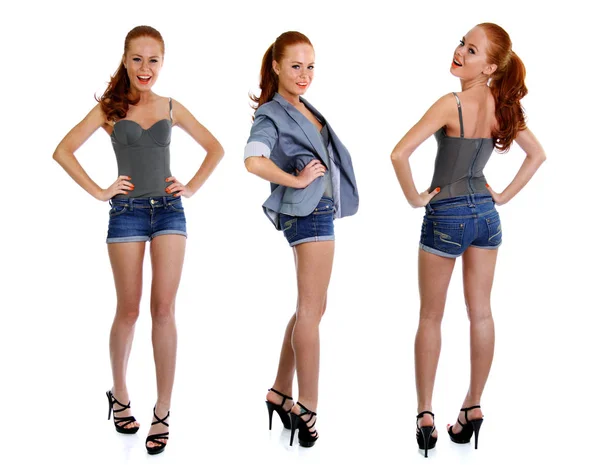 Collage tre sexiga kvinnor i blå jeans — Stockfoto