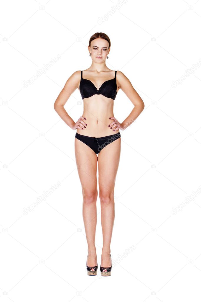 Full portrait of sexy lady in black lingerie, isolated on white 