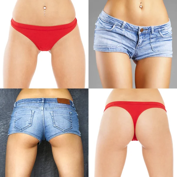 Collage van rode broek en blauw denim shorts voor- en achterzijde — Stockfoto