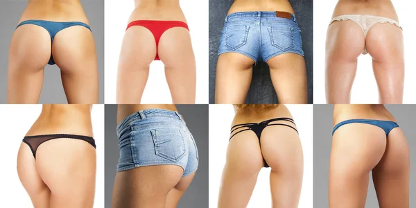 Collage van vrouwelijke slipje en blauwe denim shorts — Stockfoto