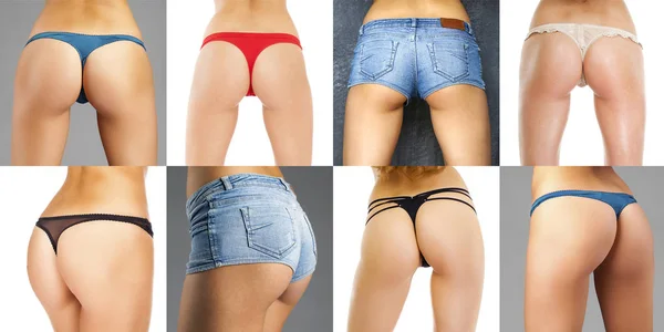 Collage de bragas femeninas y pantalones cortos de mezclilla azul — Foto de Stock