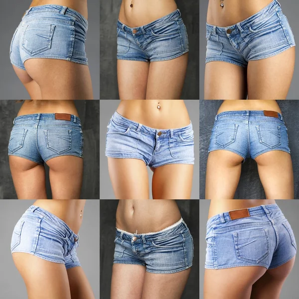 Collage van vrouwelijke denim blauwe korte broek — Stockfoto