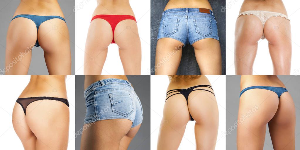 Collage of female panties and denim blue shorts