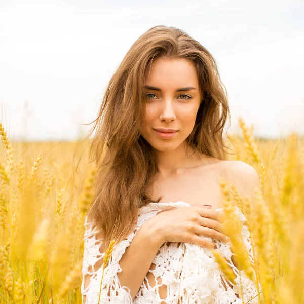 Mulher morena no campo de trigo — Fotografia de Stock