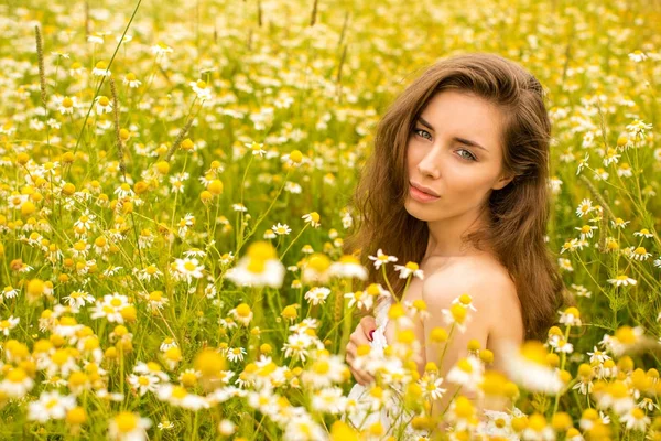 Photo of pretty brunette woman in chamomile field — Stock Photo, Image