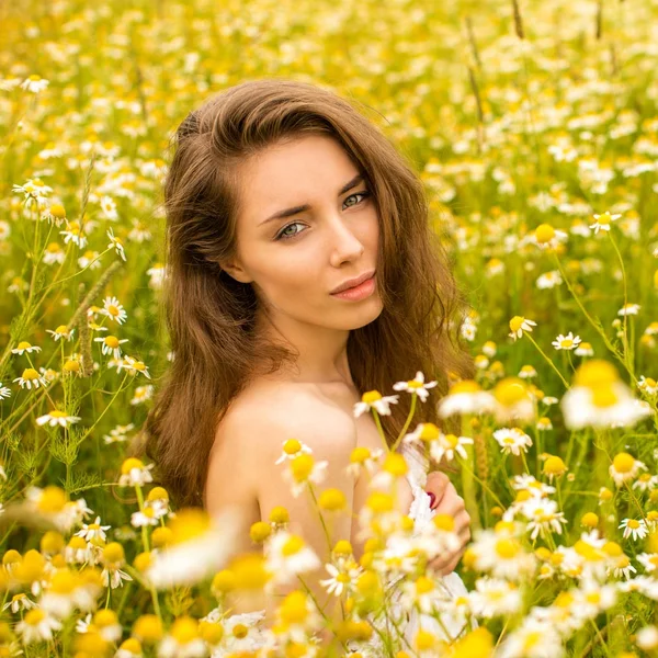 Photo of pretty brunette woman in chamomile field — Stock Photo, Image