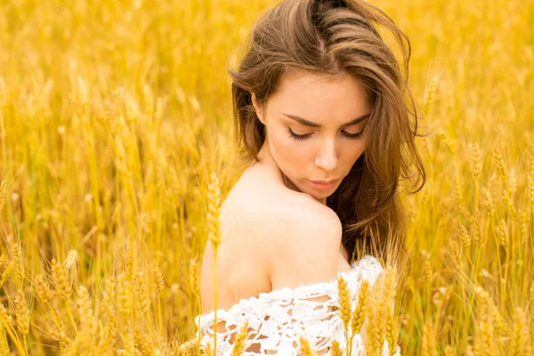 Brunette woman on wheat field — Stock Photo, Image