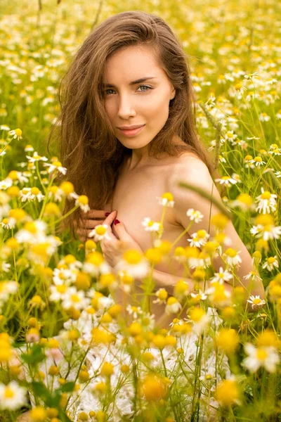 Sexy bruna giovane donna in campo camomilla — Foto Stock