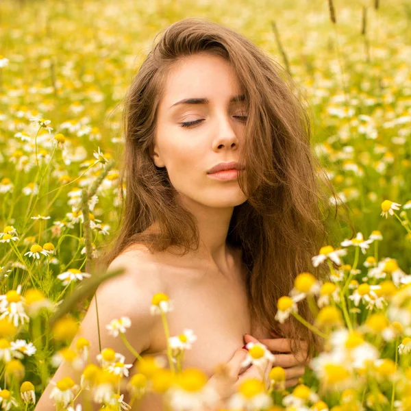 Sexy brunette young woman in chamomile field — Stock Photo, Image