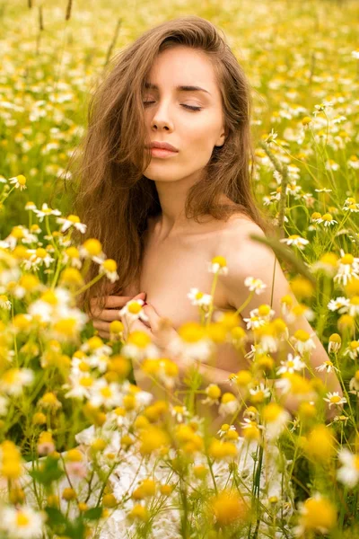 Sexy brunette young woman in chamomile field — Stock Photo, Image