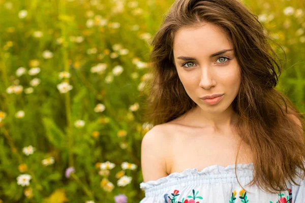 Photo of pretty brunette woman in chamomile field — Stock Photo, Image