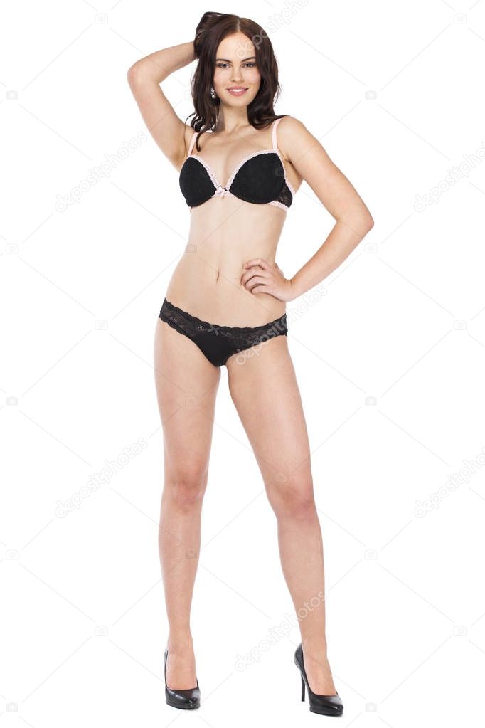 Full portrait of sexy lady in black lingerie, isolated on white 