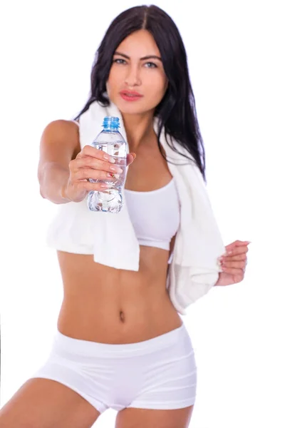 Fitness diet, Young beautiful girl drinking water from a bottle — Stock Photo, Image