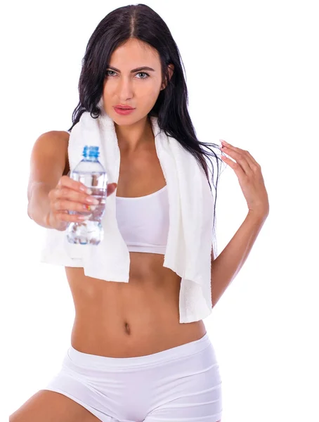 Fitness diet, Young beautiful girl drinking water from a bottle — Stock Photo, Image