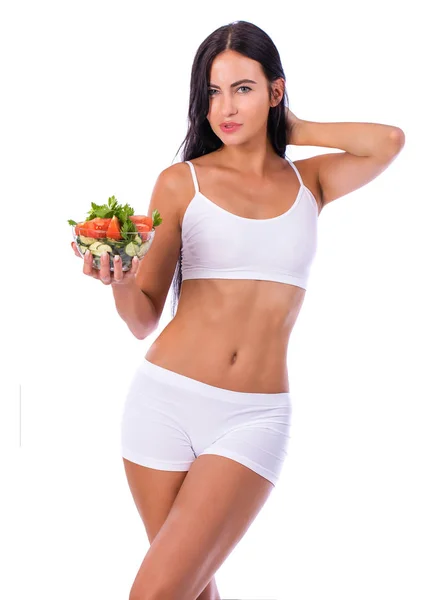 Brunette woman in white fitness clothing — Stock Photo, Image