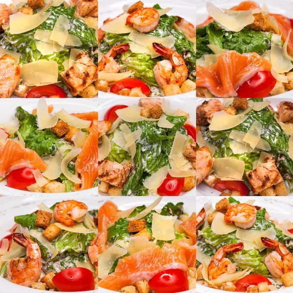 Collage de tres clases de Ensalada César, con pollo, salmón y — Foto de Stock