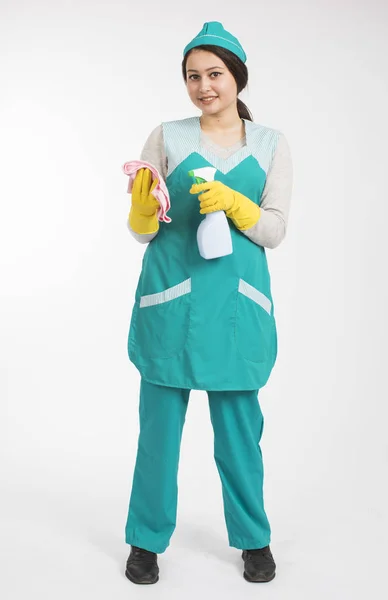 Full length photo of young brunette mais in uniform and yellow p — Stock Photo, Image