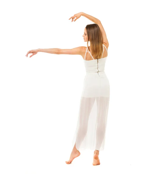 Retrato en longitud completa, mujer joven y delgada en vestido blanco —  Fotos de Stock