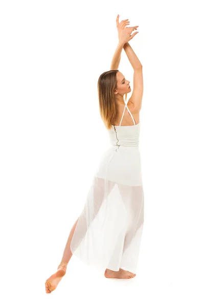 Portrait in full length, young slender woman in white dress — Stock Photo, Image