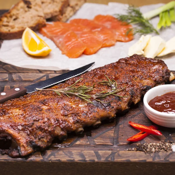 Closeup of pork ribs grilled with BBQ sauce — Stock Photo, Image