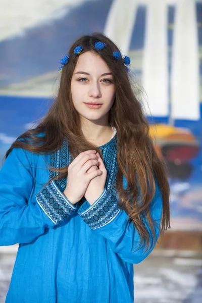 Retrato de cerca mujer joven en vestido azul — Foto de Stock