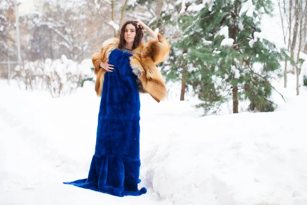 Молодая красивая женщина в шубе позирует в зимнем парке — стоковое фото