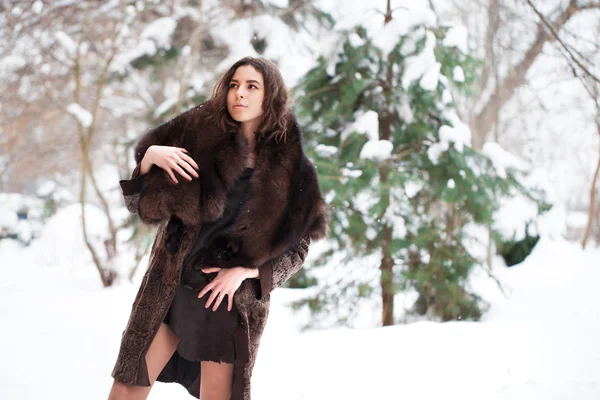 Joven hermosa morena con abrigo de piel posando en el parque de invierno —  Fotos de Stock