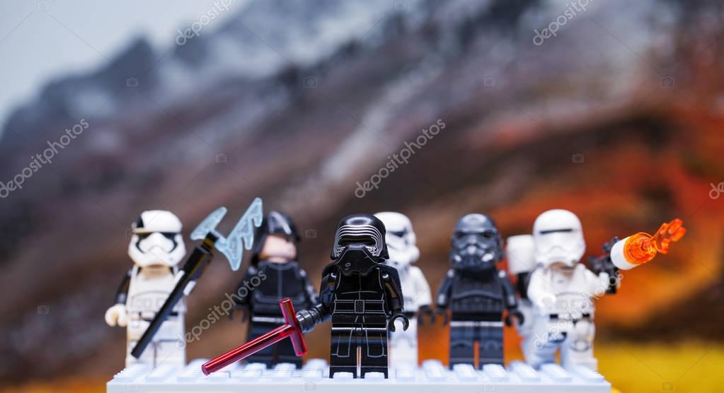 RUSSIAN, April 01, 2018. Lego star wars clone troopers army. Lego minifigures are manufactured by The Lego Group. Kylo Ren and the Stormtroopers Team