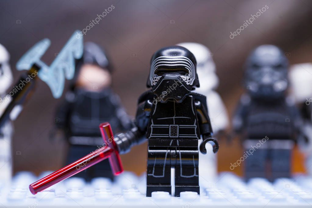 RUSSIAN, April 01, 2018. Lego star wars clone troopers army. Lego minifigures are manufactured by The Lego Group. Kylo Ren and the Stormtroopers Team
