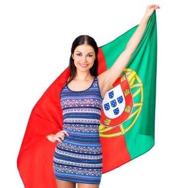 Portekiz büyük bir bayrak tutan genç kadın