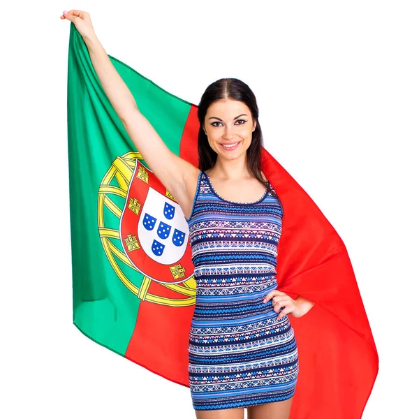 Mujer joven con una gran bandera de Portugal — Foto de Stock