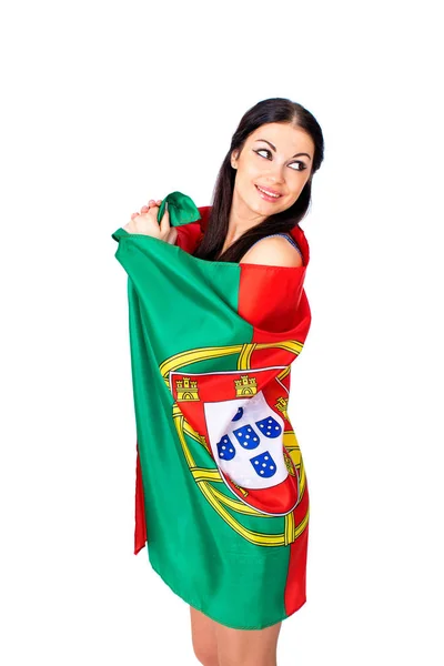 Young woman holding a large flag of Portugal — Stock Photo, Image