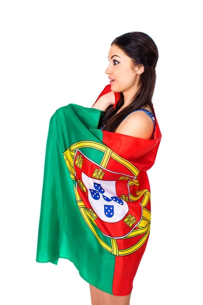 Giovane donna con una grande bandiera del Portogallo — Foto Stock