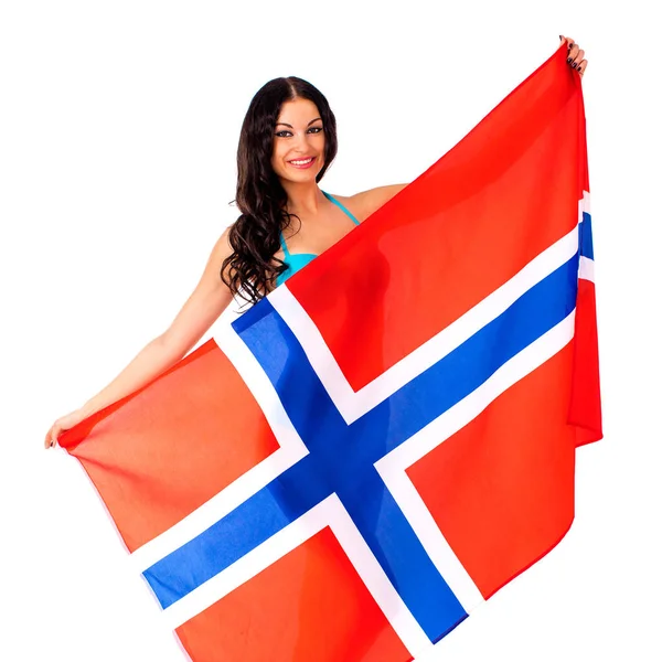 Щасливі Жінка тримає великими прозорими прапор Норвегії — стокове фото