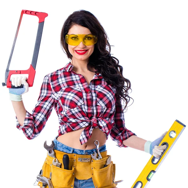 Sexy brunette woman mechanic with yellow safety glasses — Stock Photo, Image