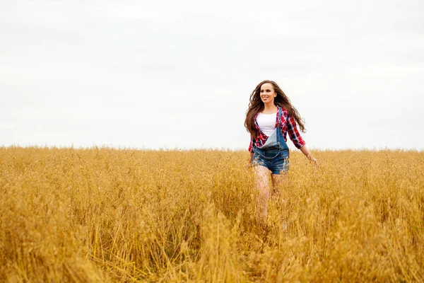 Ung vacker kvinna promenader i ett fält, sommar utomhus — Stockfoto