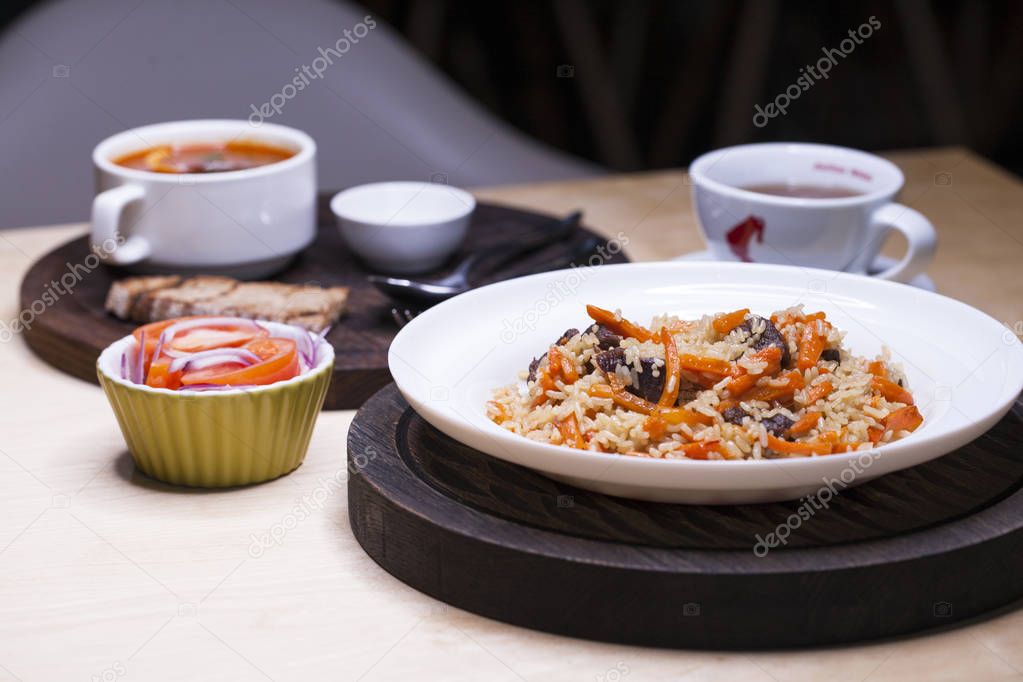 Rice pilaf with meat carrot and onion